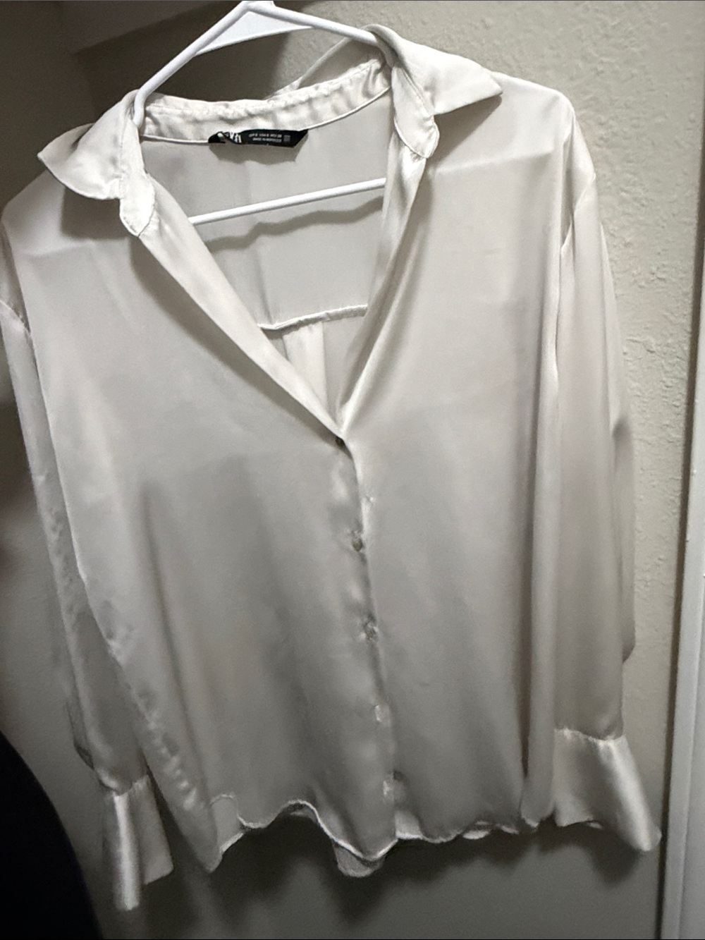 Zara White Satin Button-Down Blouse